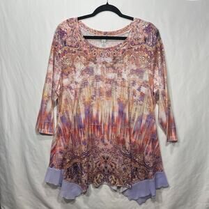 One World Women’s XL Tunic Top Boho Whimsy Artsy Handkerchief Hem 3/4 Sleeve
